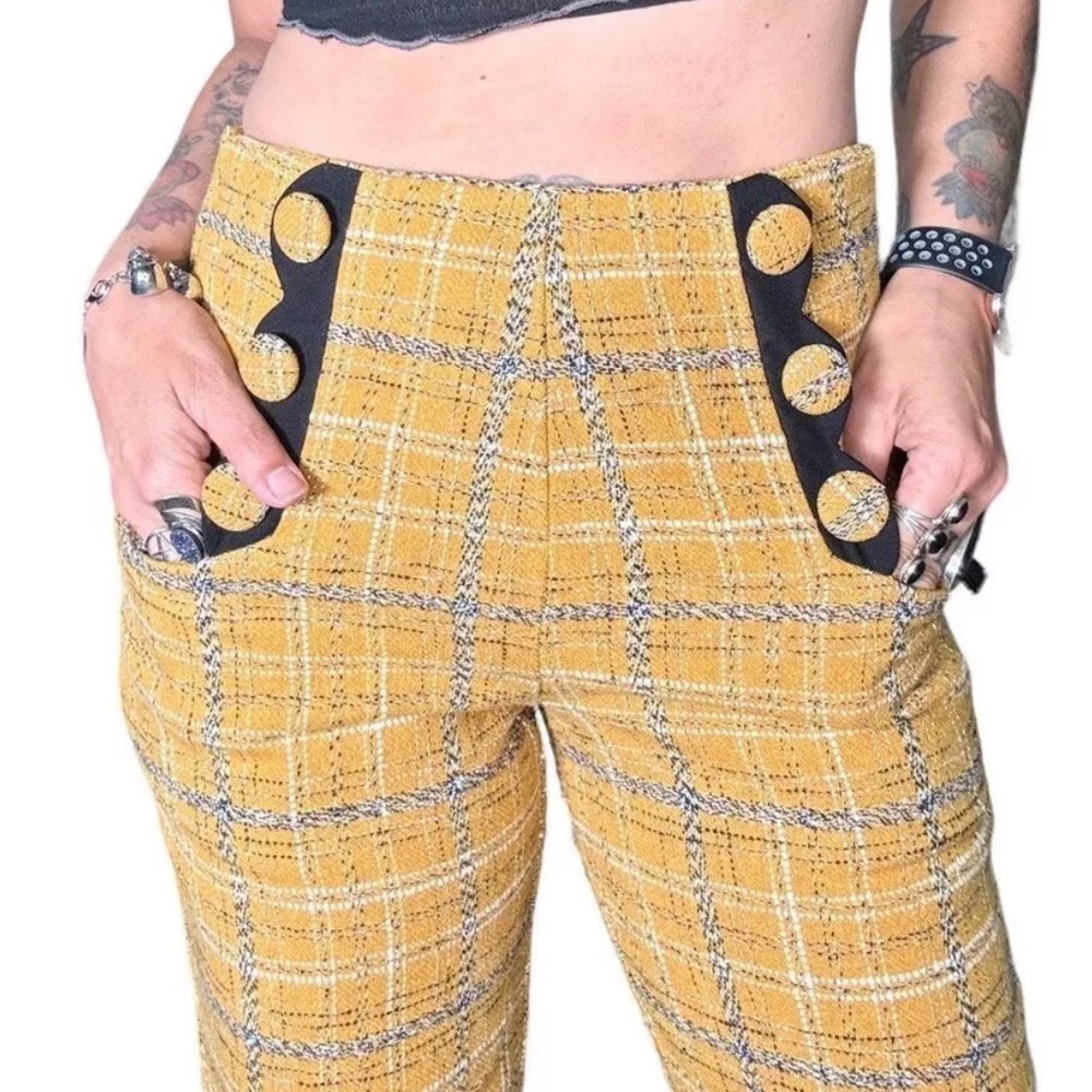 Unique Vintage high waisted yellow plaid bell bottom side zip pants size 2/4